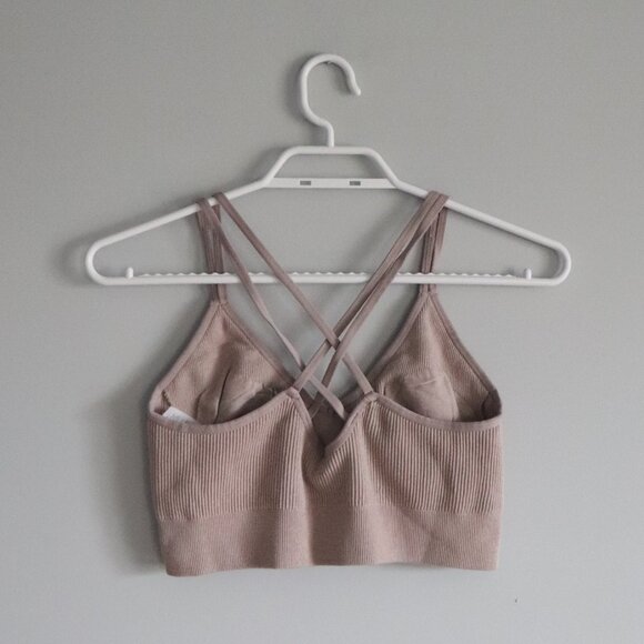 Aerie Women's Pink Sz L Ribbed V-Neck Criss Cross Stretch Casual Bra - Picture 2 of 9